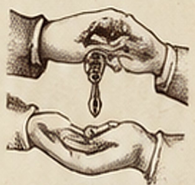 Гравюра: одна рука передаёт ключ другой
